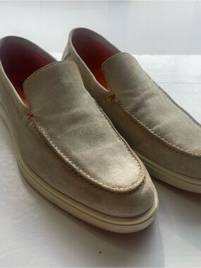 Santoni Italy Men's Beige Suede Slip On Loafers Orange Sole US 10.5 UK 9.5.